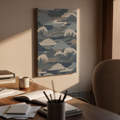 Japanese Wave Pattern Inspired Traditional Art Style, Framed Canvas Wall Artwork for Calm Balanced Modern and Minimal Interior Spaces