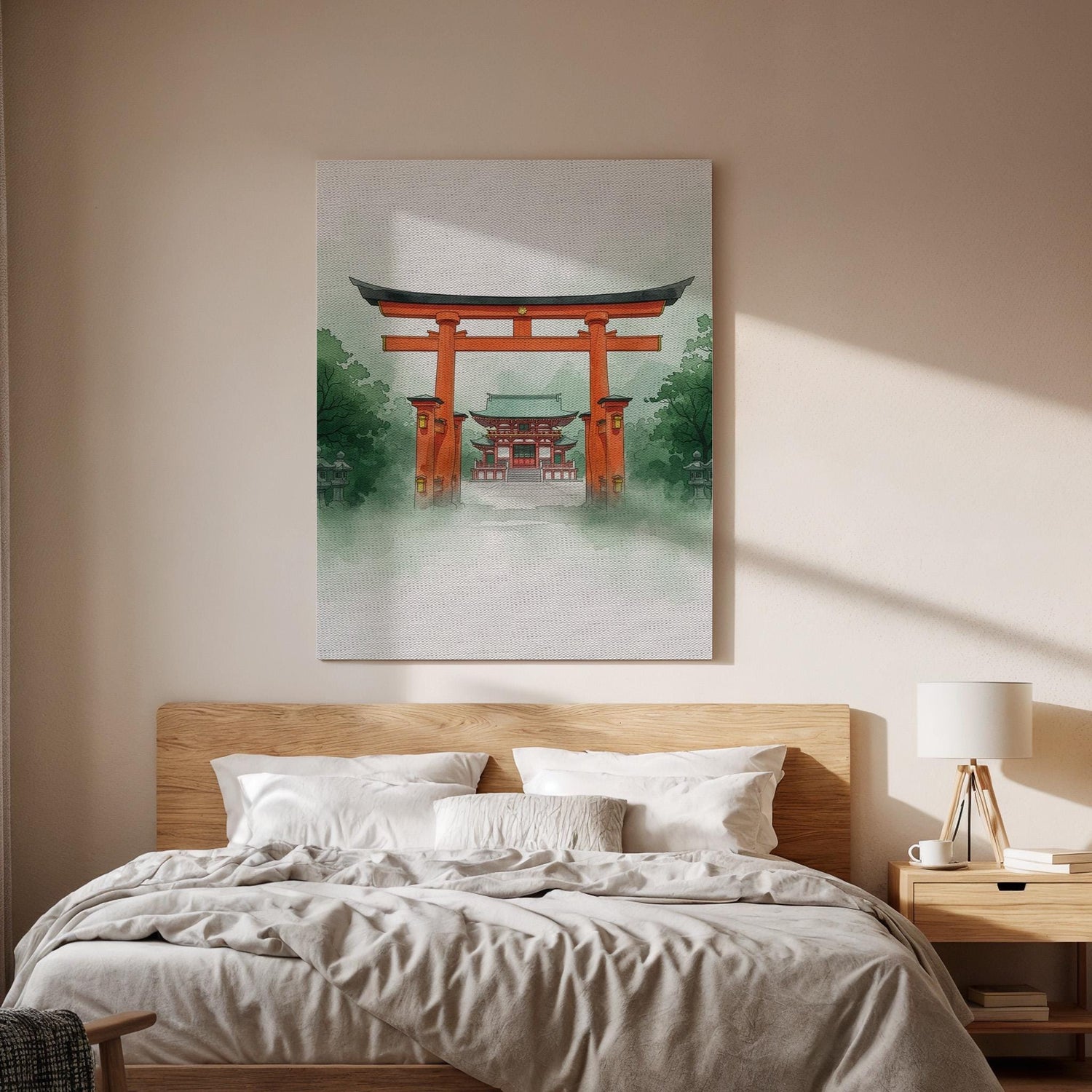 Japanese Torii Gate Temple Canvas Art, Misty Shinto Shrine Illustration, Traditional Zen Landscape Wall Decor, Framed Oriental Artwork
