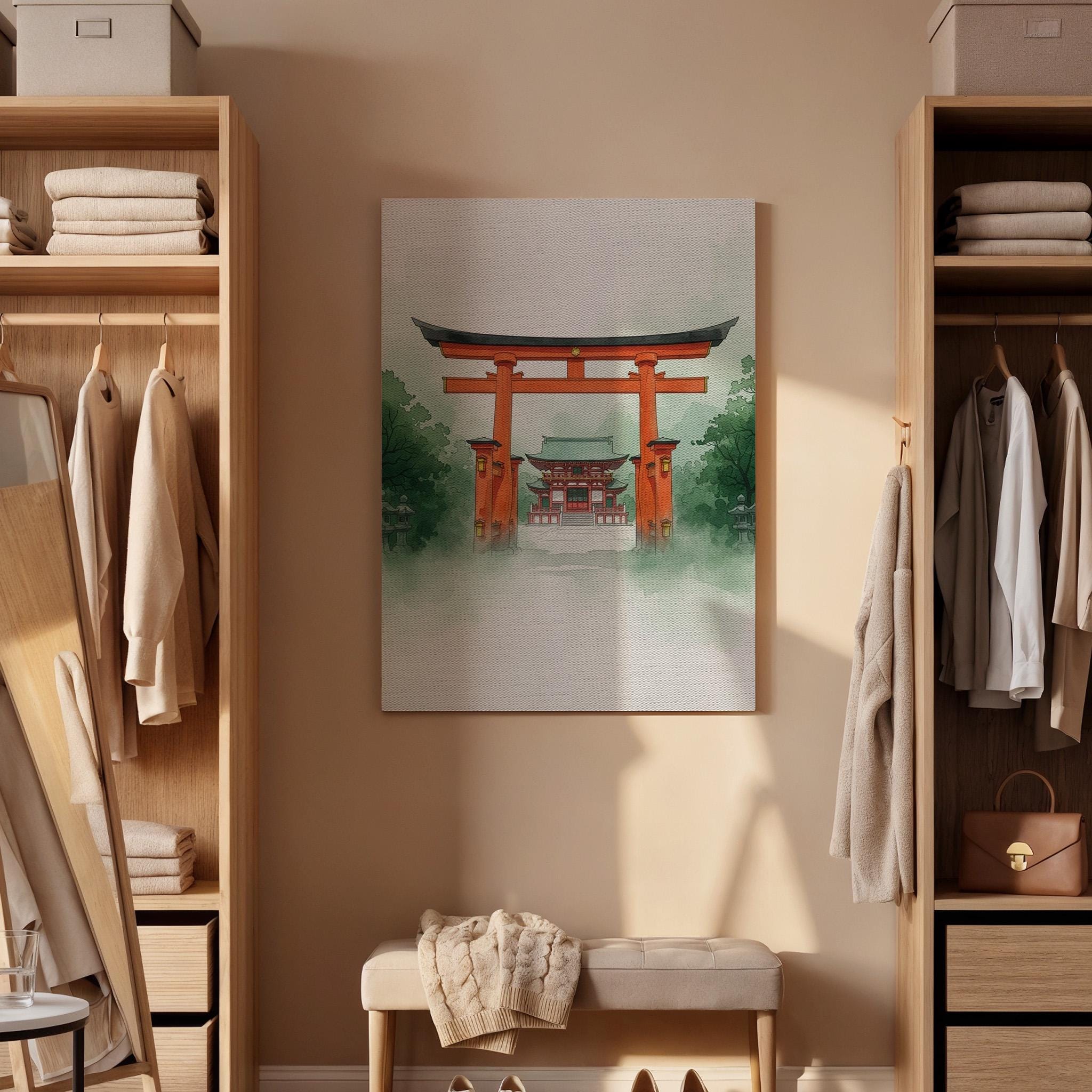 Japanese Torii Gate Temple Canvas Art, Misty Shinto Shrine Illustration, Traditional Zen Landscape Wall Decor, Framed Oriental Artwork