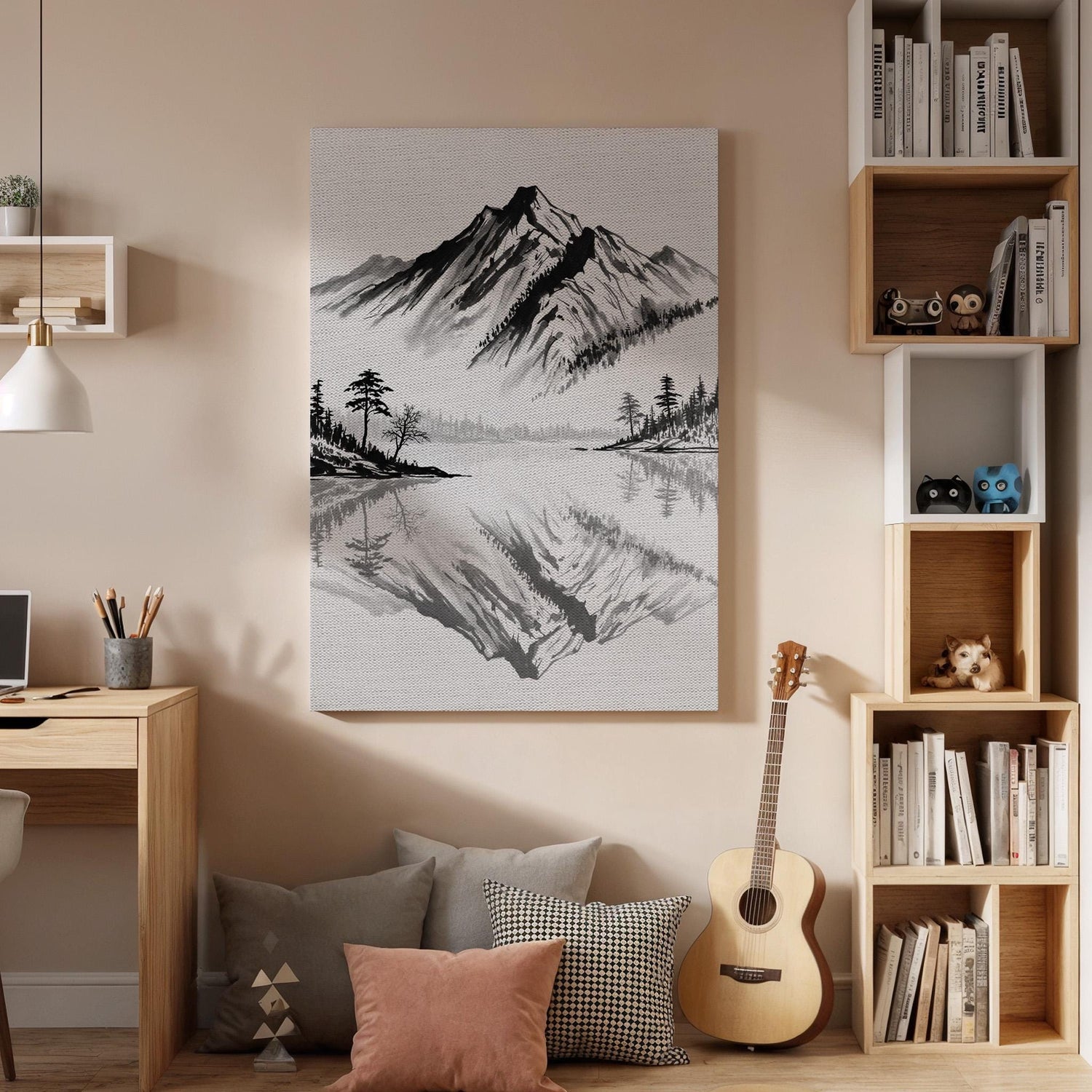Japanese Mountain Lake Canvas Art, Ink Style Landscape Illustration, Zen Nature Wall Decor, Framed Oriental Mountain Artwork, New Home Gift