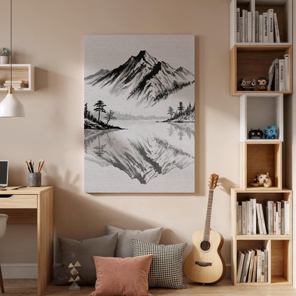 Japanese Mountain Lake Canvas Art, Ink Style Landscape Illustration, Zen Nature Wall Decor, Framed Oriental Mountain Artwork, New Home Gift