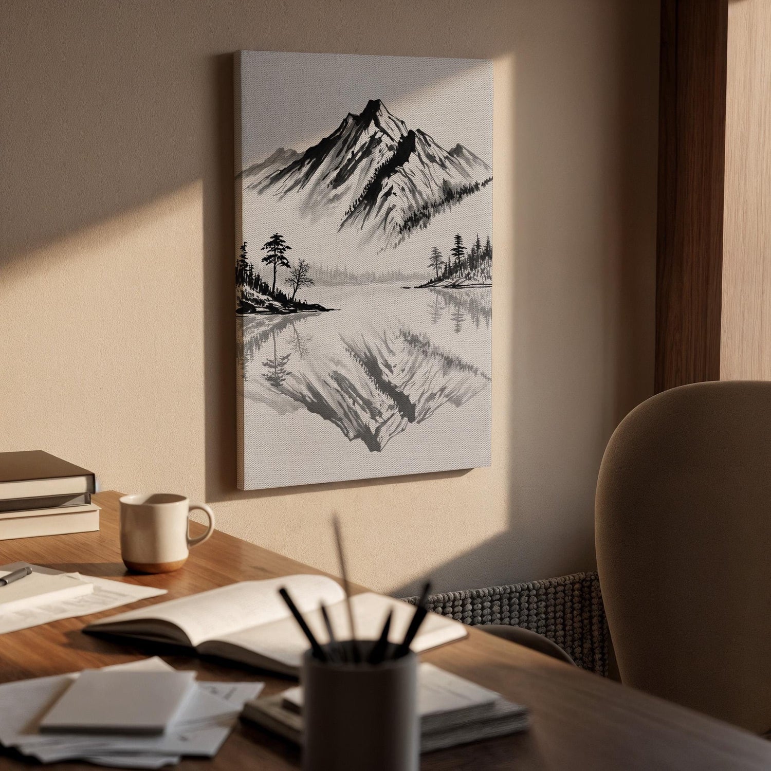 Japanese Mountain Lake Canvas Art, Ink Style Landscape Illustration, Zen Nature Wall Decor, Framed Oriental Mountain Artwork, New Home Gift