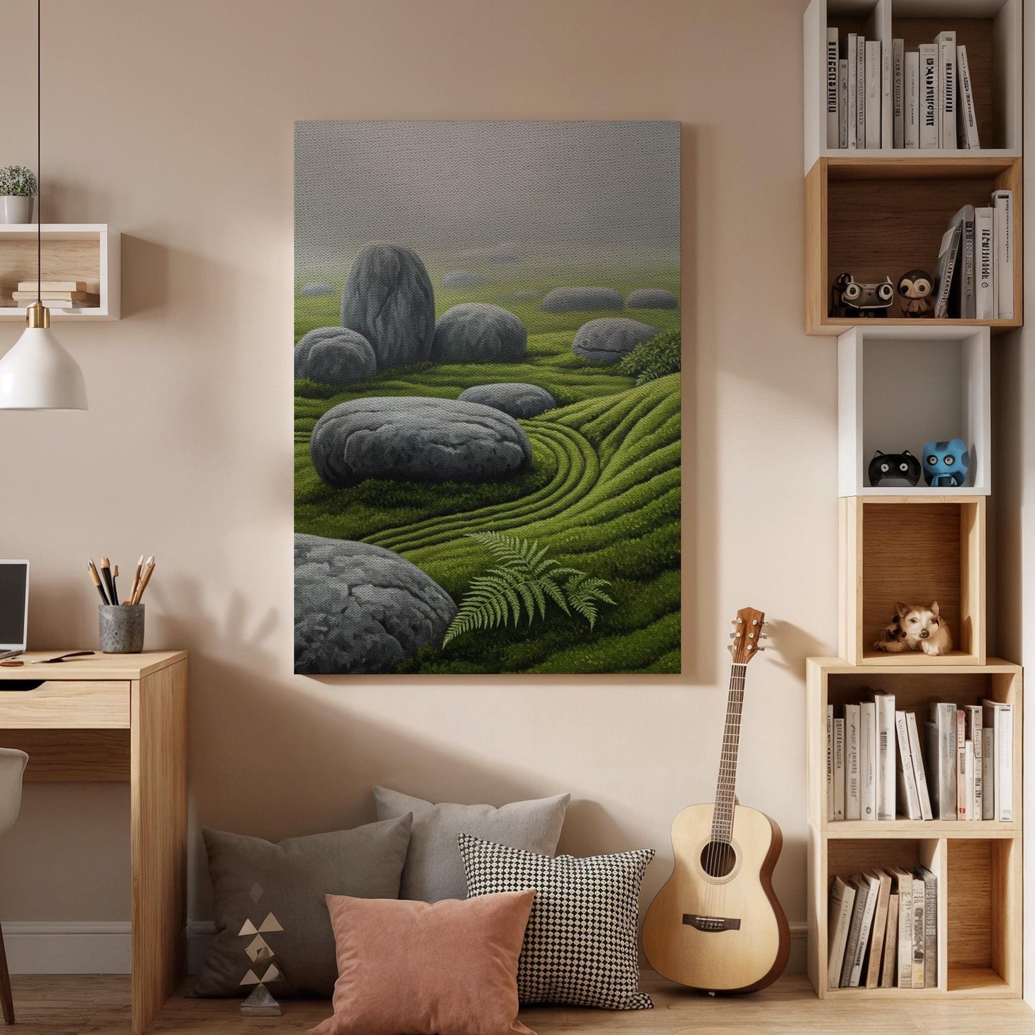 Zen Garden Stone Landscape Canvas Art, Japanese Rock and Moss Illustration, Tranquil Nature Wall Decor, Framed Oriental Zen Artwork
