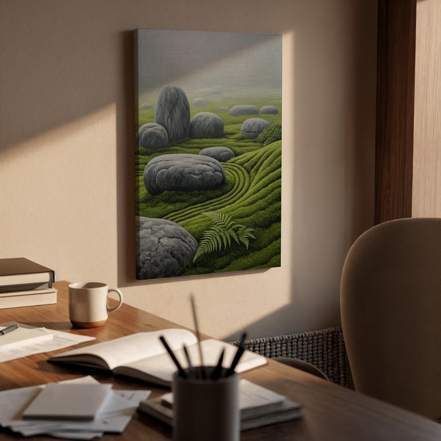Zen Garden Stone Landscape Canvas Art, Japanese Rock and Moss Illustration, Tranquil Nature Wall Decor, Framed Oriental Zen Artwork