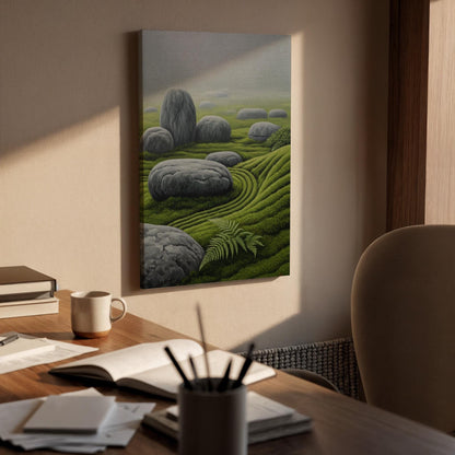 Zen Garden Stone Landscape Canvas Art, Japanese Rock and Moss Illustration, Tranquil Nature Wall Decor, Framed Oriental Zen Artwork