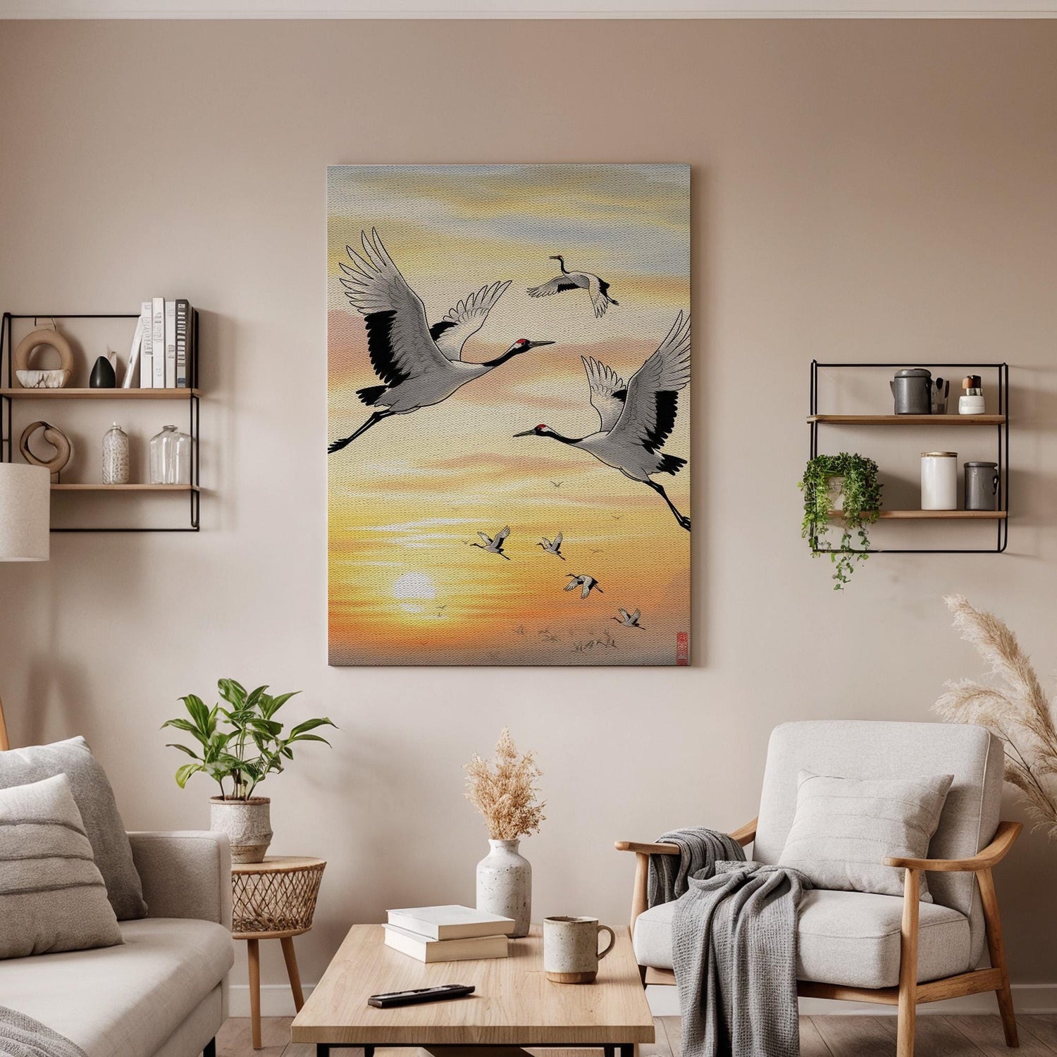 Japanese Crane Sunrise Canvas Art, Flying Cranes Over Golden Sky Illustration, Oriental Nature Wall Decor, Framed Zen Wildlife Artwork