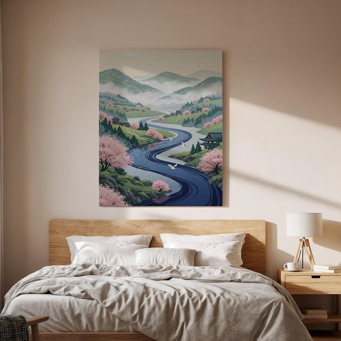 Japanese Spring Landscape Canvas Art, Sakura Valley and Winding River Illustration, Oriental Nature Wall Decor, Framed Zen Scenery Artwork
