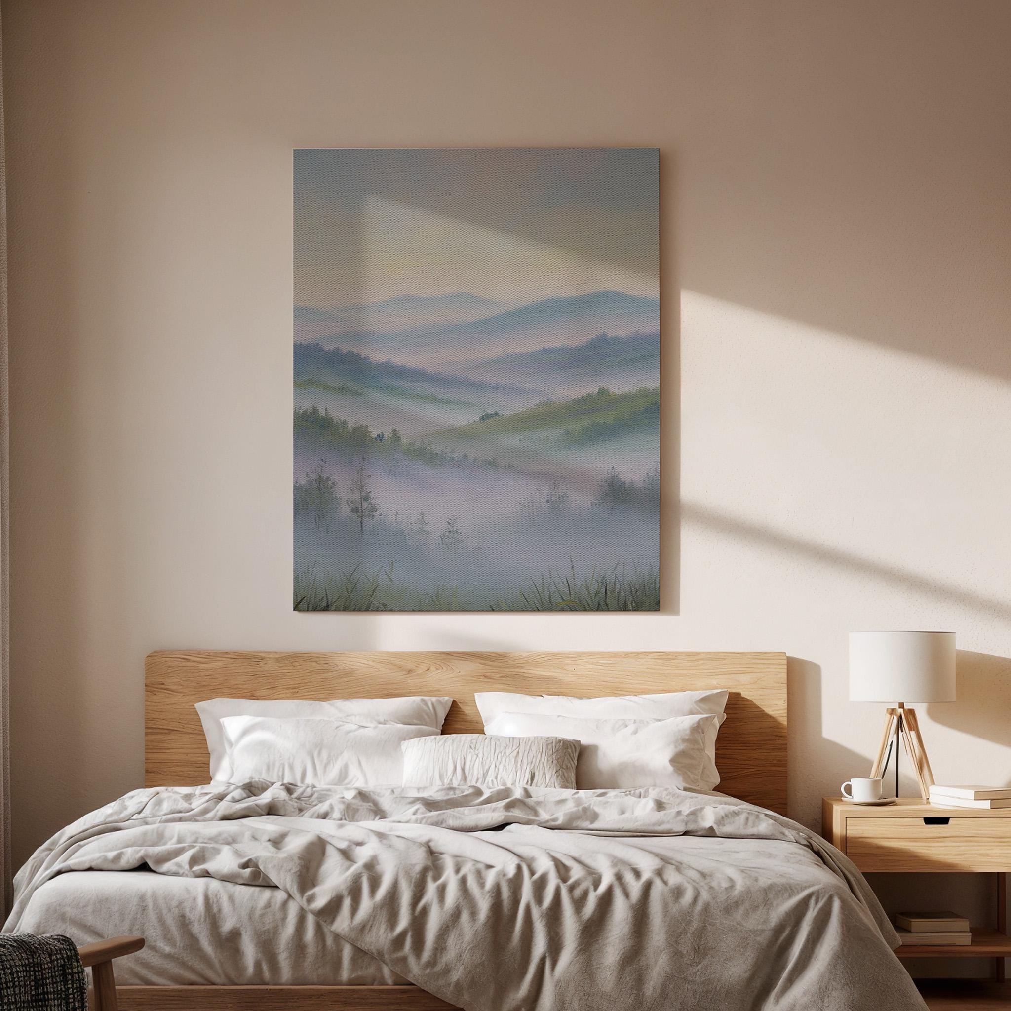 Misty Mountain Landscape Canvas Art, Soft Foggy Hills Forest Scenery Illustration, Oriental Nature Wall Decor, Framed Zen Landscape Artwork