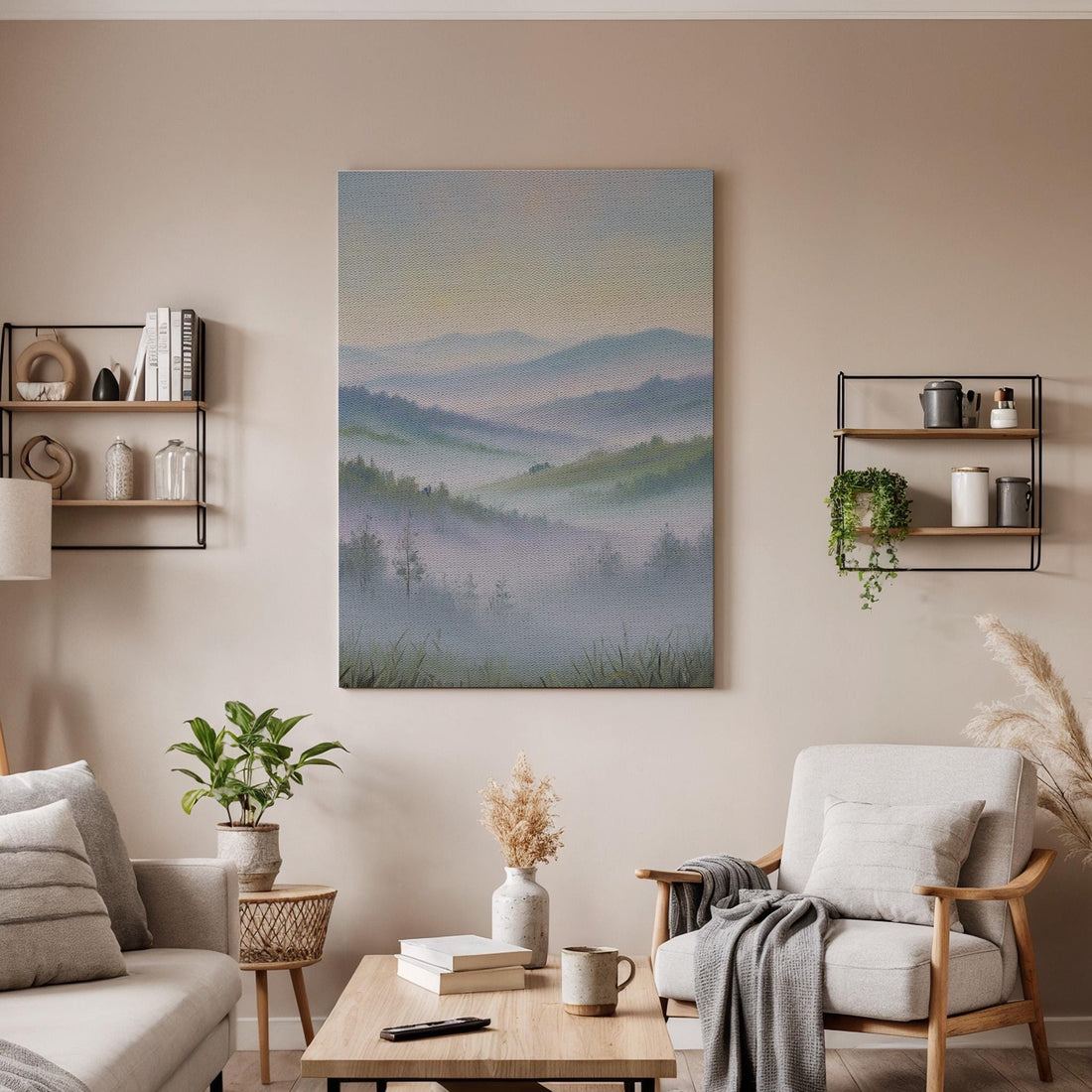 Misty Mountain Landscape Canvas Art, Soft Foggy Hills Forest Scenery Illustration, Oriental Nature Wall Decor, Framed Zen Landscape Artwork