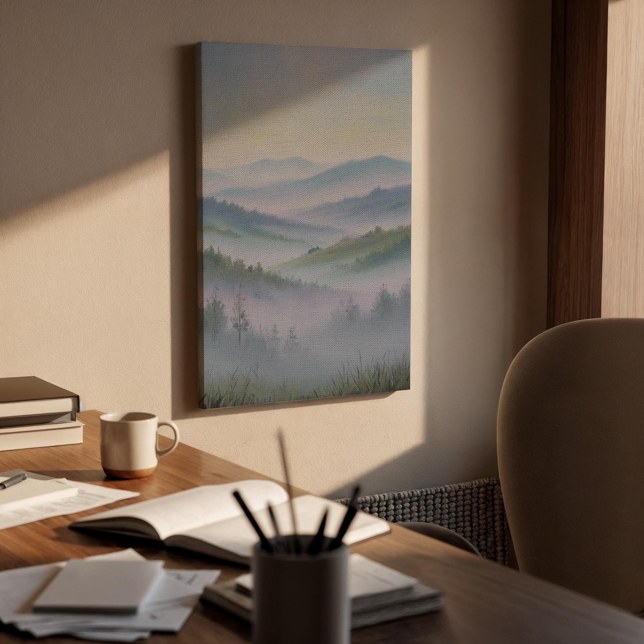 Misty Mountain Landscape Canvas Art, Soft Foggy Hills Forest Scenery Illustration, Oriental Nature Wall Decor, Framed Zen Landscape Artwork