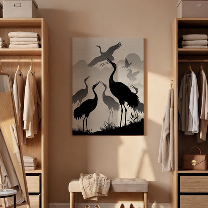 Japanese Crane Silhouette Canvas Art, Framed Oriental Bird Scene with Flying Cranes and Misty Background, Zen Inspired Wall Decor, Home Gift