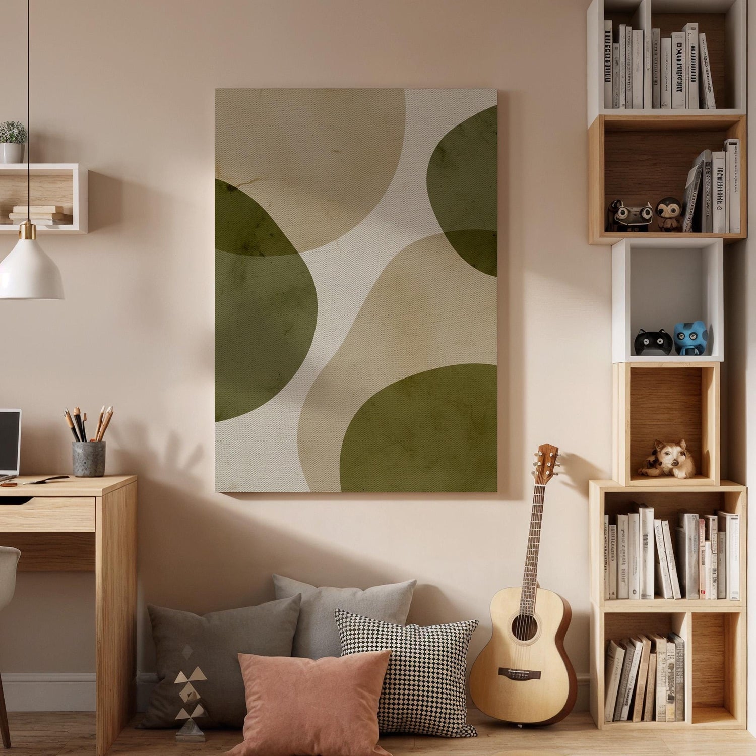 Abstract Organic Shape Canvas Art, Framed Minimalist Green and Beige Wall Decor with Soft Curves, Modern Zen Inspired Interior Artwork