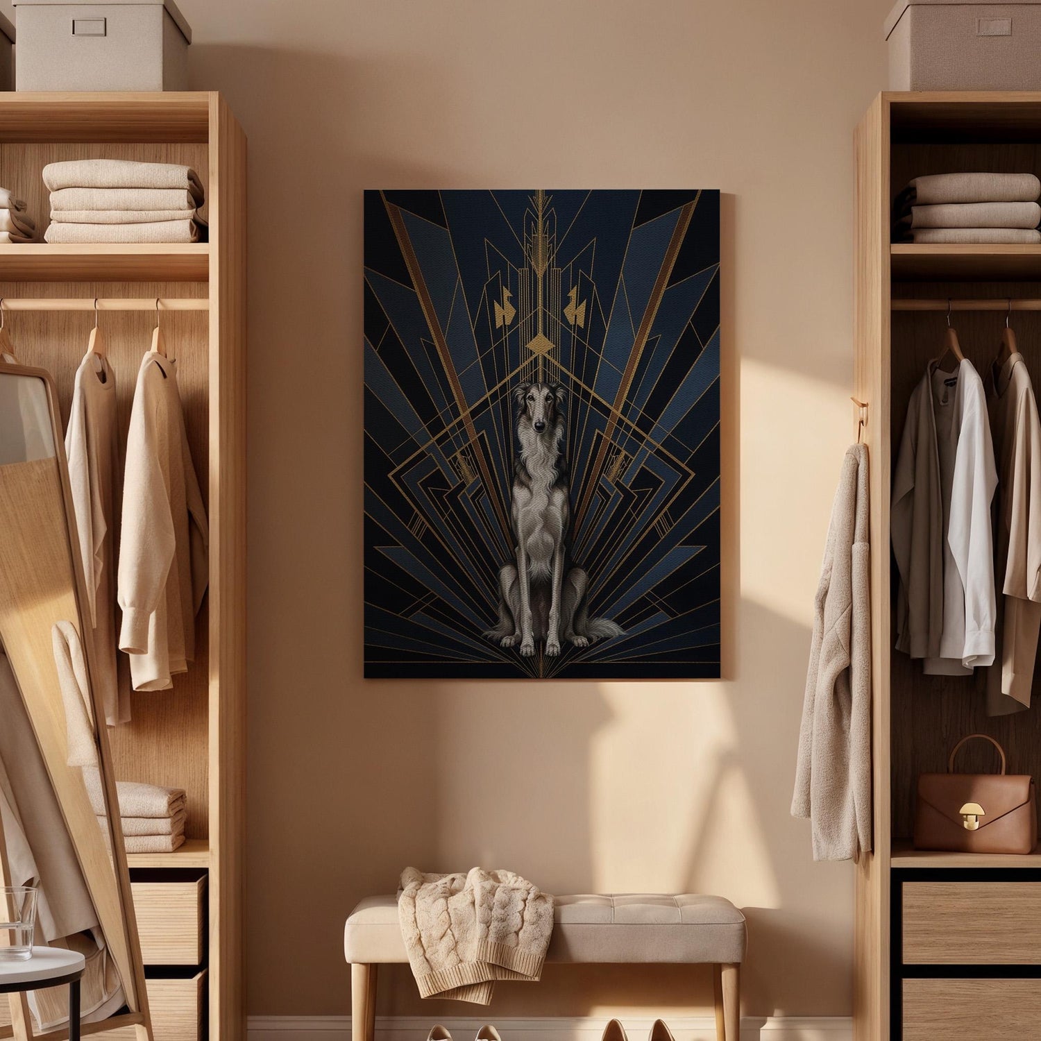 Art Deco Dog Canvas Art, Framed Luxury Animal Wall Decor with Gold Geometric Lines, Elegant Dark Blue and Black Modern Statement Artwork