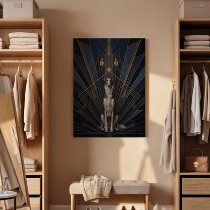 Art Deco Dog Canvas Art, Framed Luxury Animal Wall Decor with Gold Geometric Lines, Elegant Dark Blue and Black Modern Statement Artwork