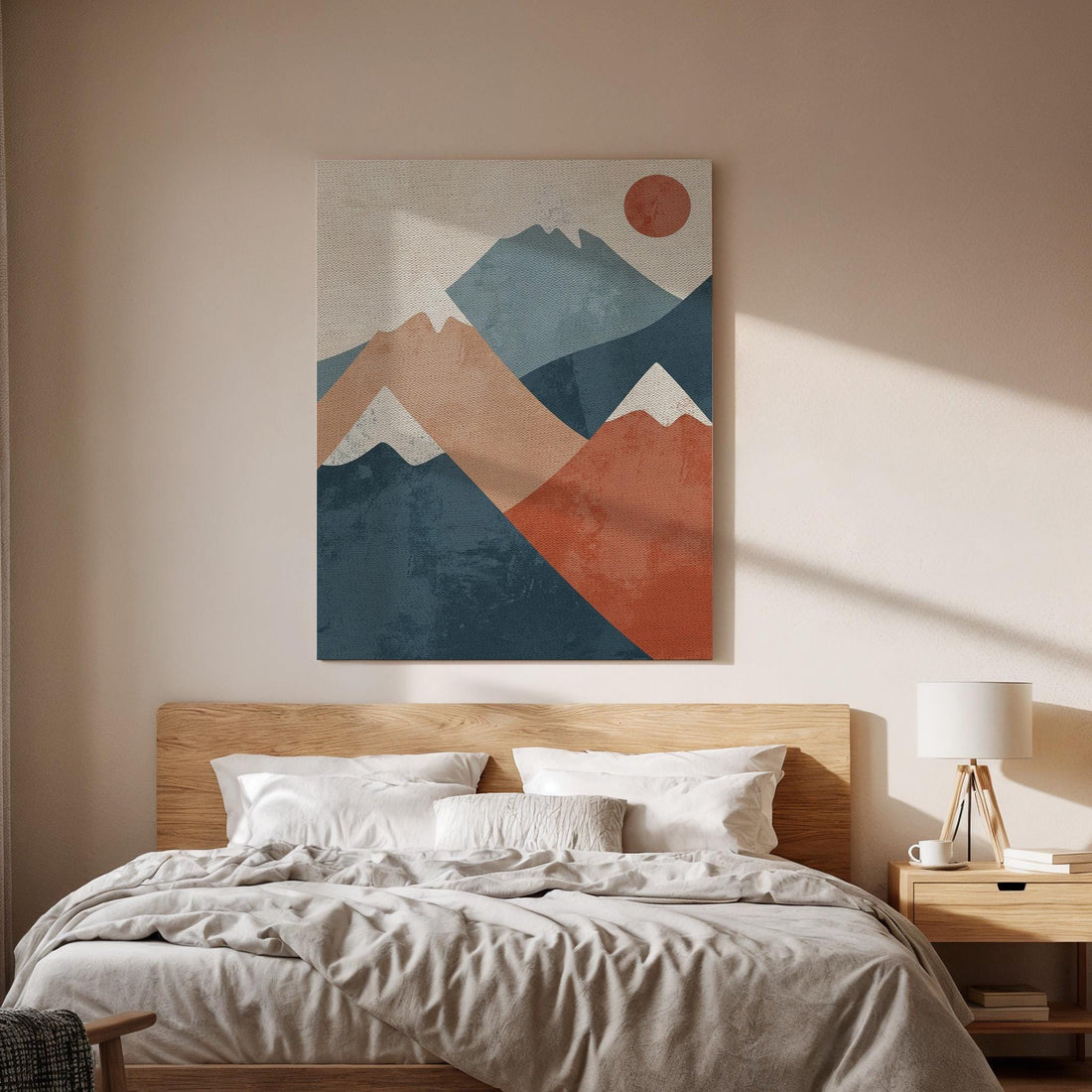 Abstract Mountain Landscape Canvas Art, Framed Modern Geometric Wall Decor with Sun, Minimalist EarthTone Artwork for Contemporary Interiors