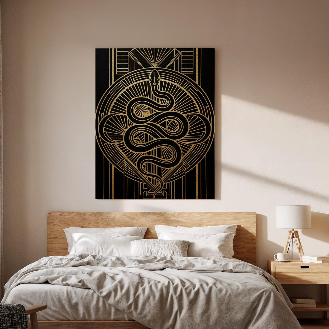 Art Deco Snake Symbol Canvas Art, Framed Gold and Black Geometric Wall Decor, Vintage Serpent Illustration for Elegant Modern Interiors