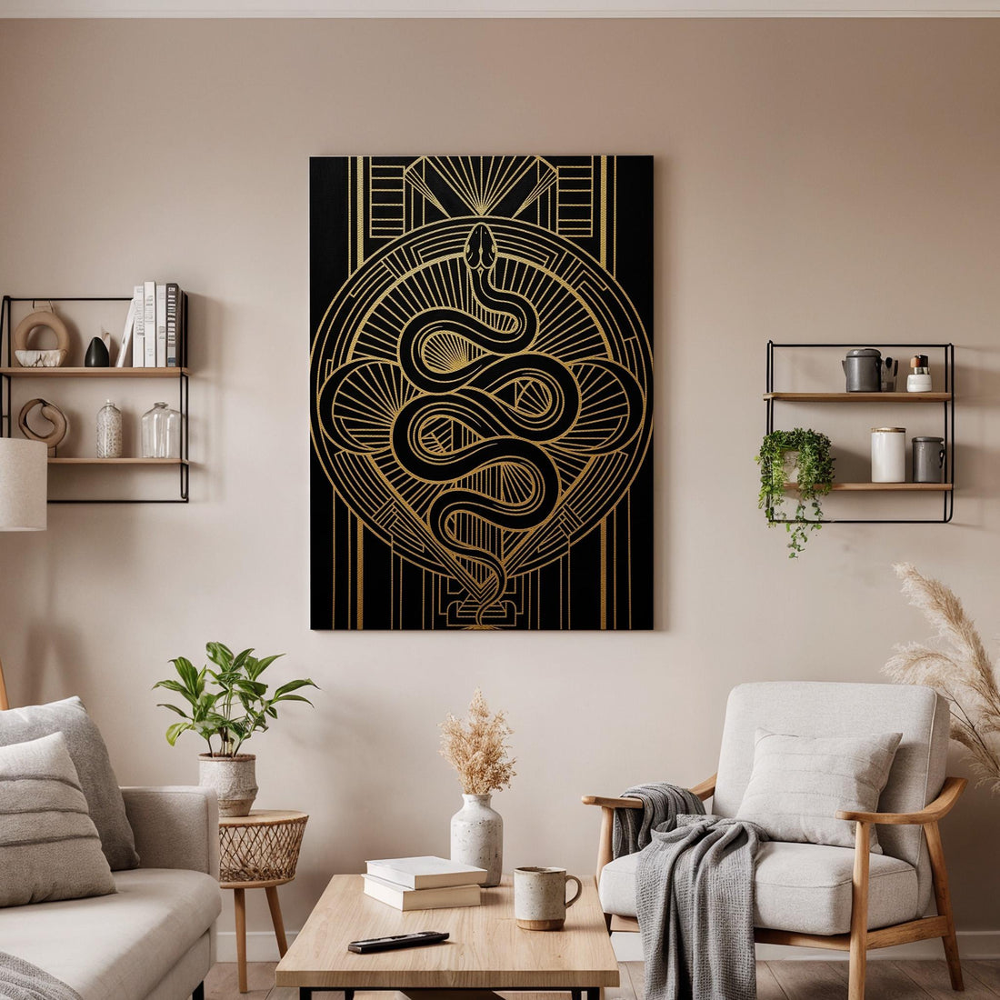 Art Deco Snake Symbol Canvas Art, Framed Gold and Black Geometric Wall Decor, Vintage Serpent Illustration for Elegant Modern Interiors