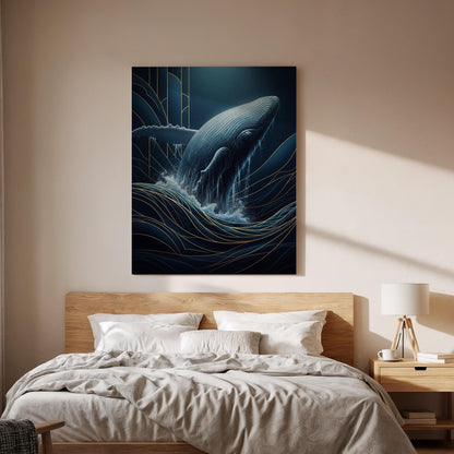 Majestic Whale Ocean Canvas Art, Framed Deep Blue and Gold Marine Wall Decor, Elegant Sea Life Illustration for Modern Coastal Interiors