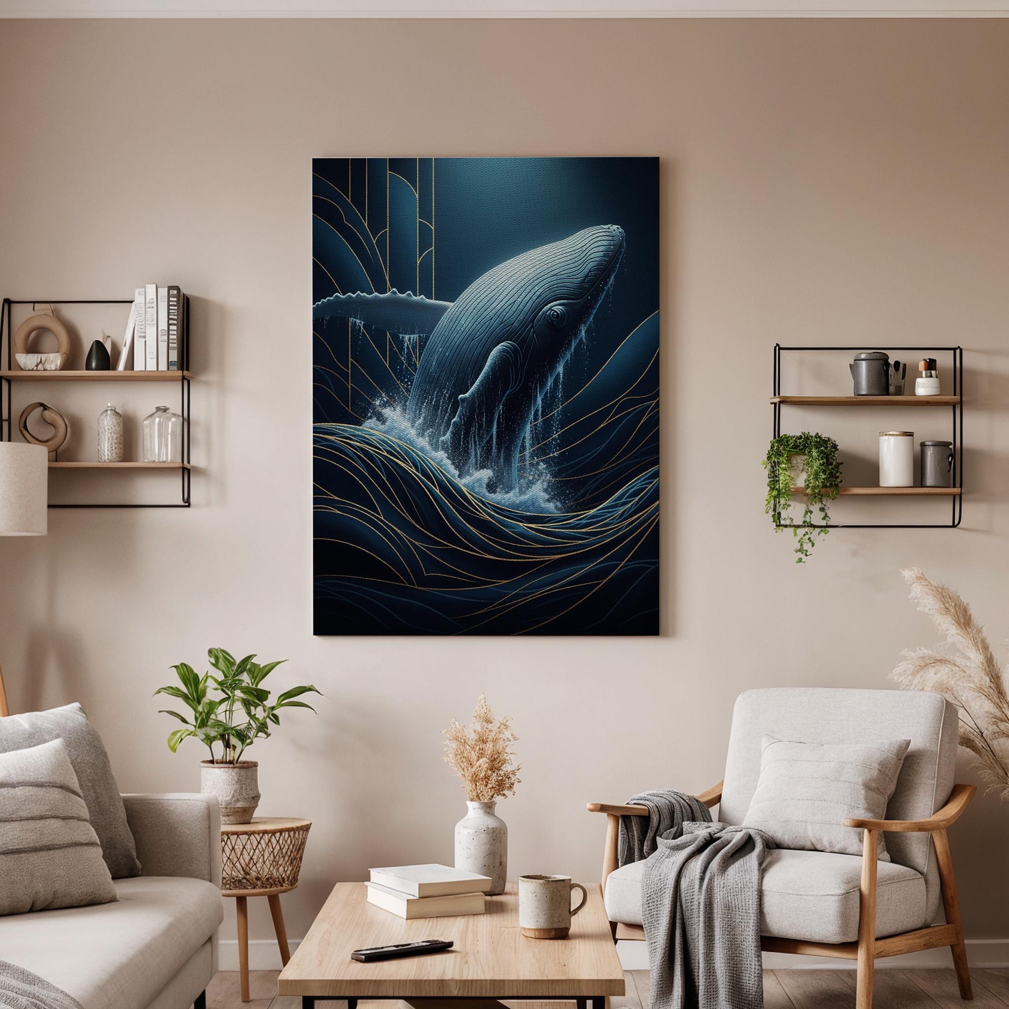 Majestic Whale Ocean Canvas Art, Framed Deep Blue and Gold Marine Wall Decor, Elegant Sea Life Illustration for Modern Coastal Interiors