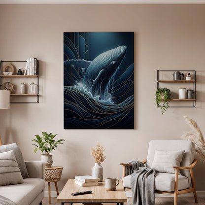 Majestic Whale Ocean Canvas Art, Framed Deep Blue and Gold Marine Wall Decor, Elegant Sea Life Illustration for Modern Coastal Interiors