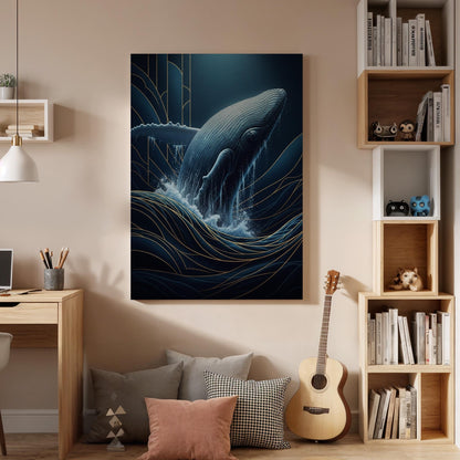 Majestic Whale Ocean Canvas Art, Framed Deep Blue and Gold Marine Wall Decor, Elegant Sea Life Illustration for Modern Coastal Interiors