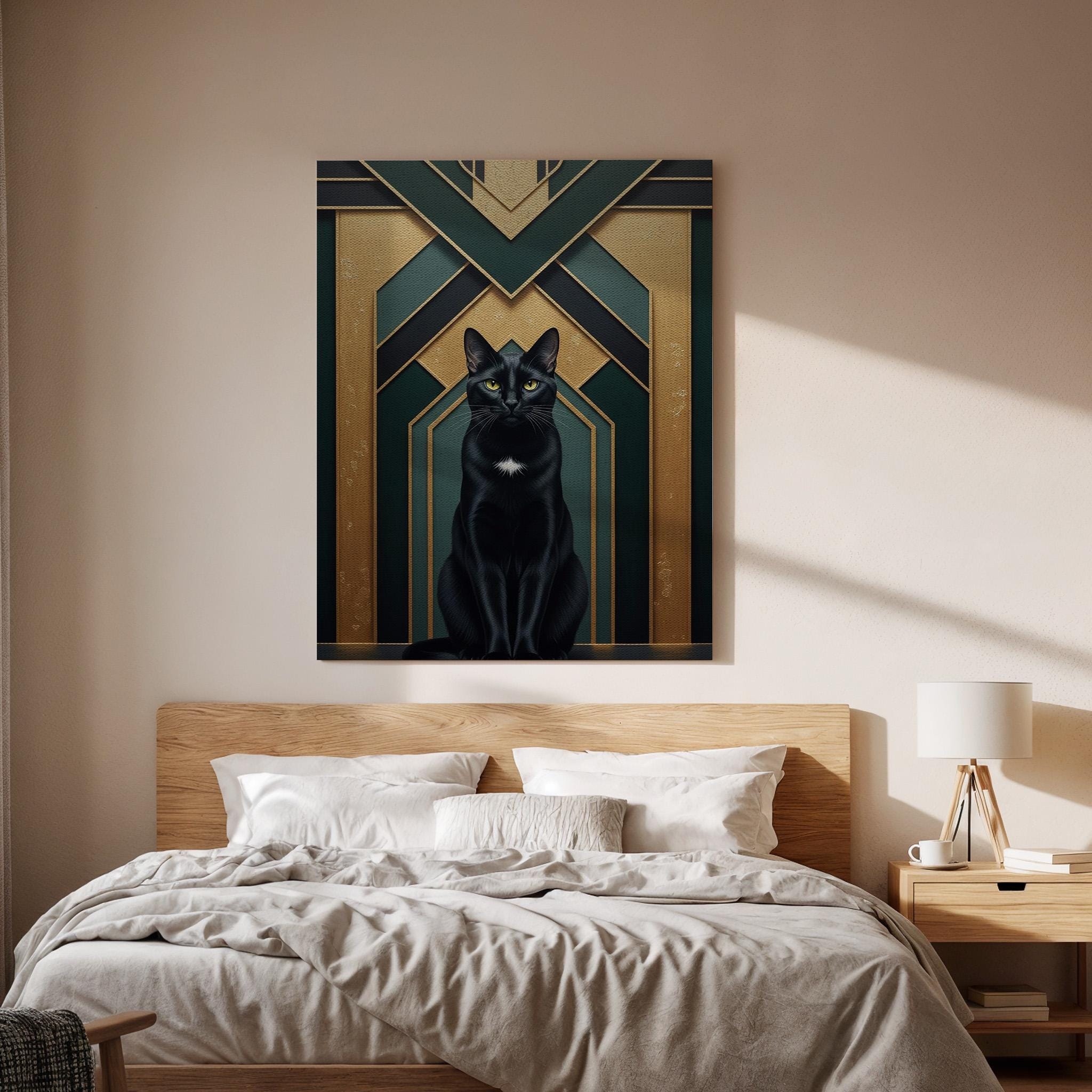 Elegant Black Cat Art Deco Canvas, Framed Gold and Emerald Geometric Wall Decor, Luxury Feline Illustration for Modern Glam Interiors
