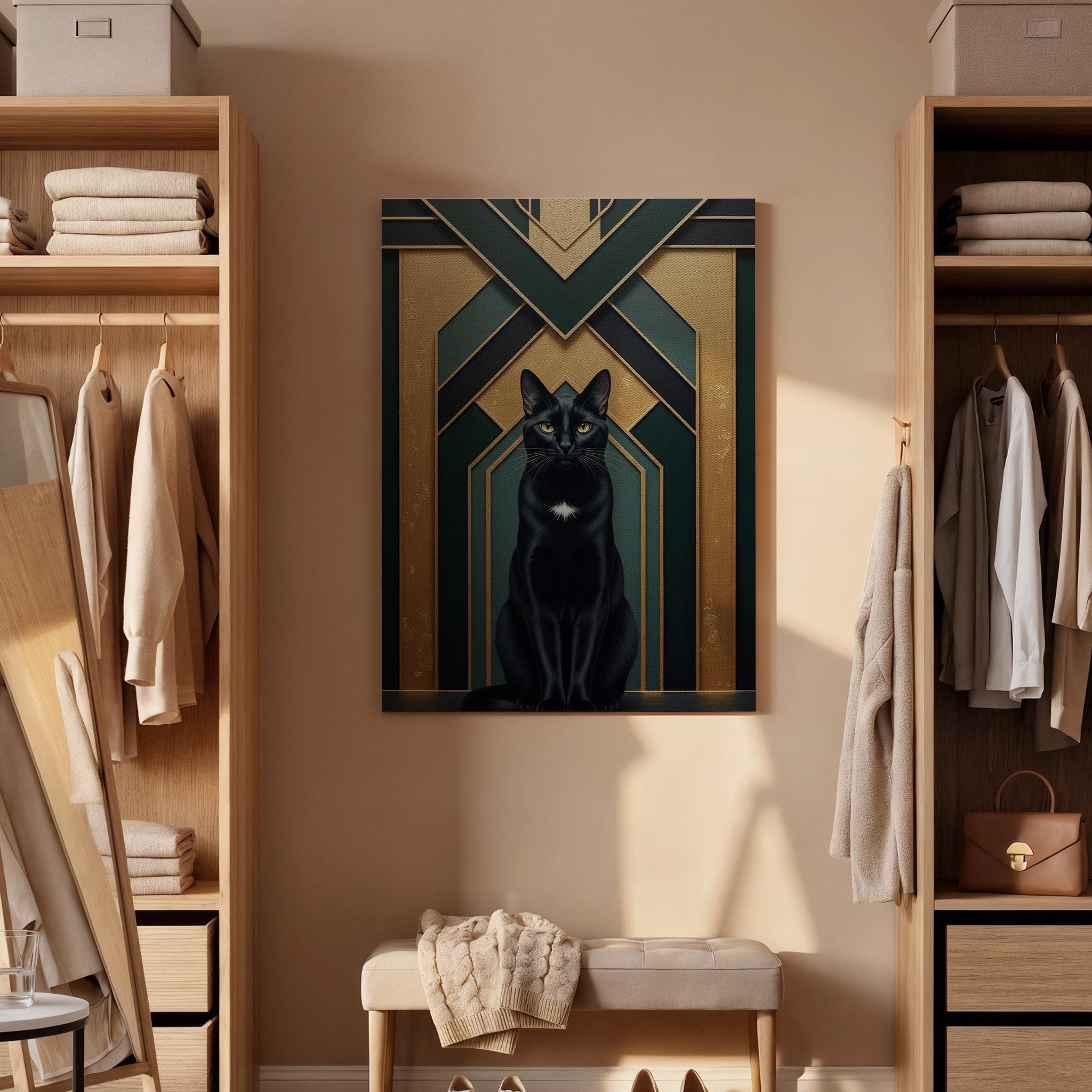 Elegant Black Cat Art Deco Canvas, Framed Gold and Emerald Geometric Wall Decor, Luxury Feline Illustration for Modern Glam Interiors