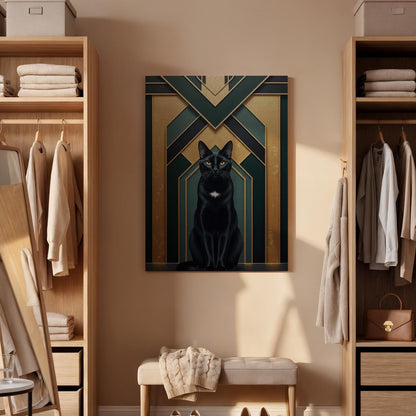 Elegant Black Cat Art Deco Canvas, Framed Gold and Emerald Geometric Wall Decor, Luxury Feline Illustration for Modern Glam Interiors