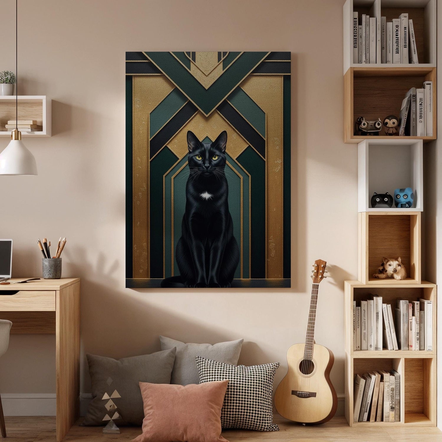 Elegant Black Cat Art Deco Canvas, Framed Gold and Emerald Geometric Wall Decor, Luxury Feline Illustration for Modern Glam Interiors