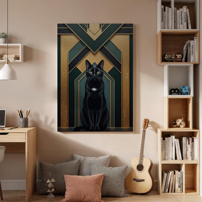 Elegant Black Cat Art Deco Canvas, Framed Gold and Emerald Geometric Wall Decor, Luxury Feline Illustration for Modern Glam Interiors