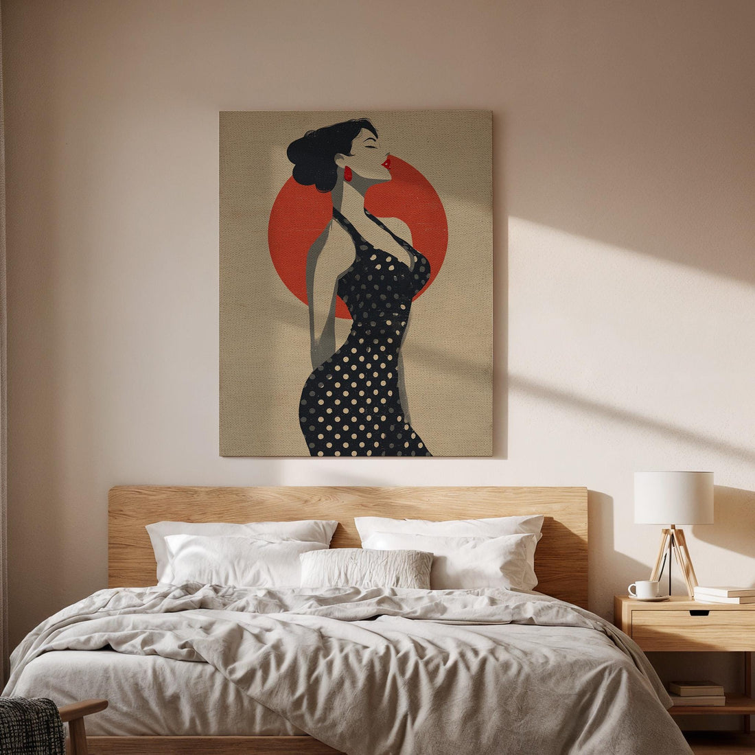 Art Deco Woman Framed Canvas Art, Vintage Fashion Illustration with Red Sun, Elegant Retro Female Portrait Wall Decor, New Home Decor