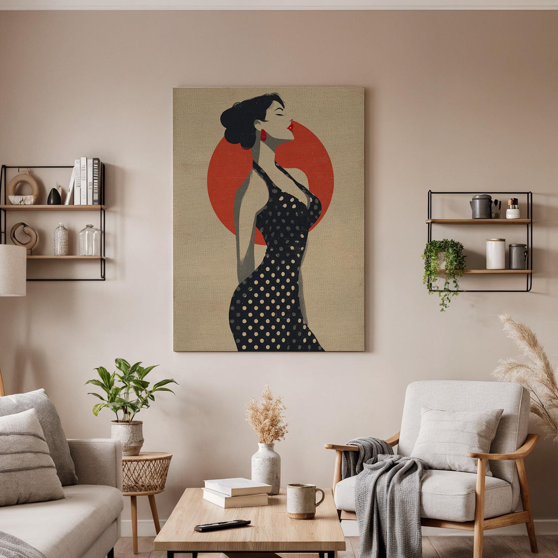 Art Deco Woman Framed Canvas Art, Vintage Fashion Illustration with Red Sun, Elegant Retro Female Portrait Wall Decor, New Home Decor