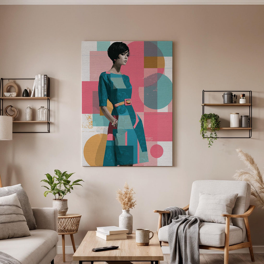 Mid Century Modern Woman Framed Canvas Art, Retro Geometric Female Portrait with Bold Colors, Vintage Style Wall Decor, Canvas Wall Decor