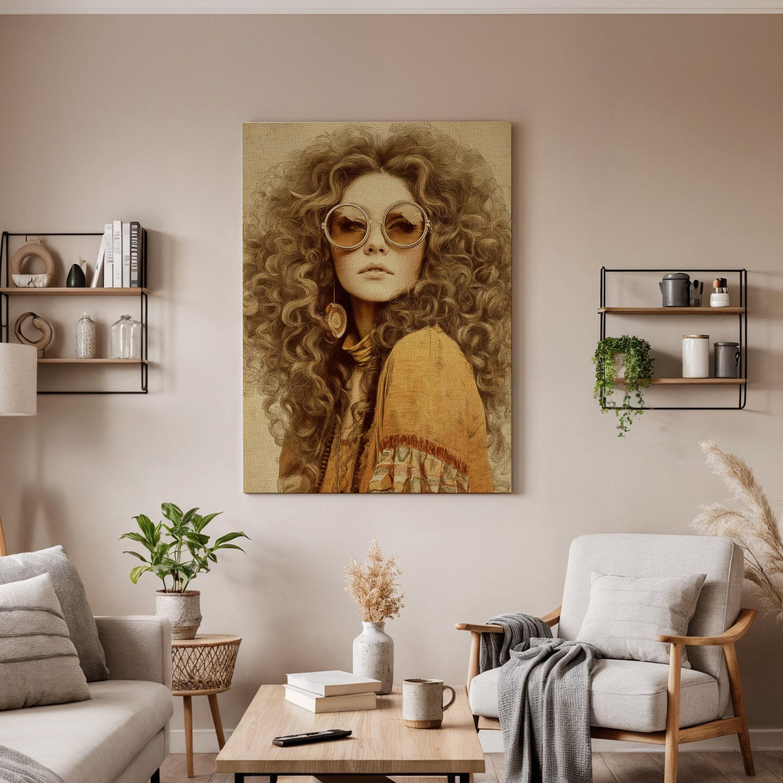 Bohemian Framed Canvas Art, Retro Woman Portrait with Round Sunglasses, Vintage 70s Style Female Illustration Wall Decor, Canvas Wall Decor