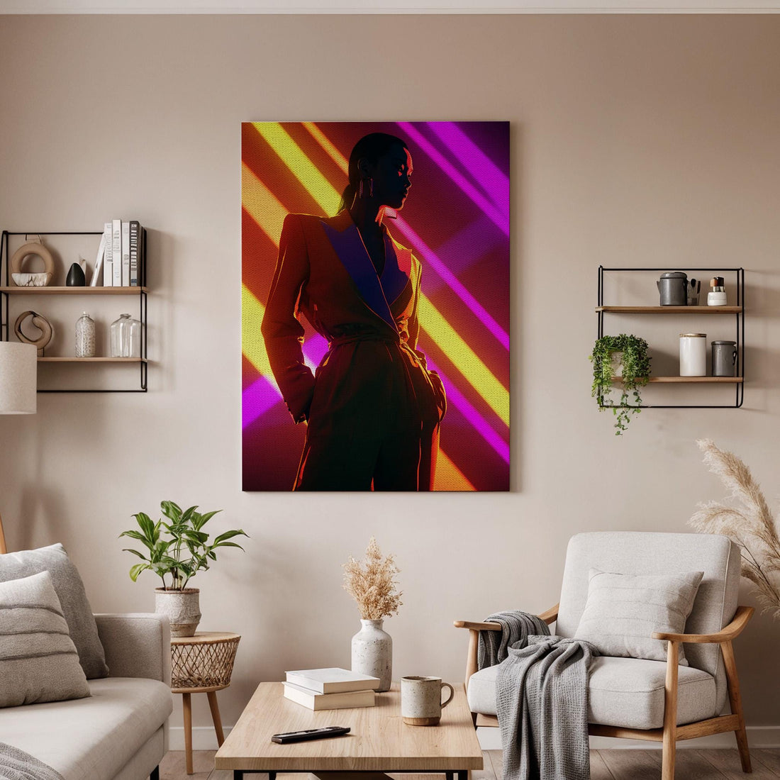 Neon Framed Canvas Art, Modern Fashion Woman Silhouette with Colorful Light Beams, Contemporary Female Portrait Wall Decor, New Home Gift
