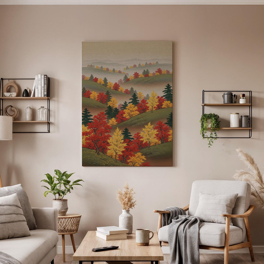 Autumn Landscape Framed Canvas Art, Colorful Fall Trees and Rolling Hills Illustration, Cozy Nature Wall Decor for Home, Canvas Wall Decor