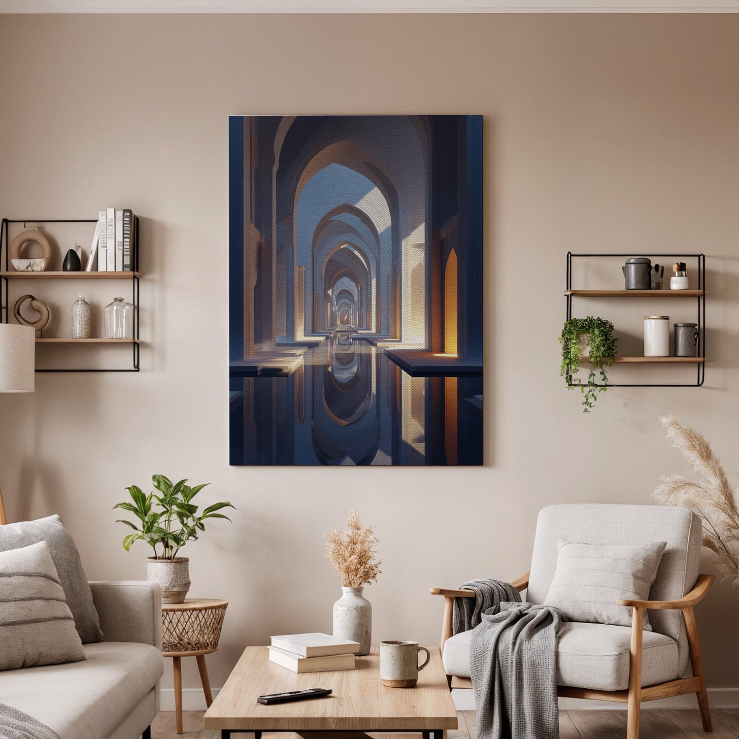 Abstract Architectural Archway, Framed Canvas Art, Modern Symmetrical Corridor Illustration, Minimalist Interiorl Decor, Contemporary Style