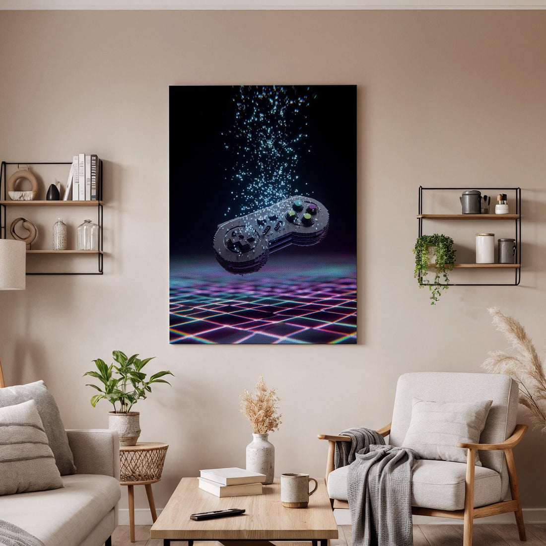 Framed Retro Game Controller Canvas Art, Neon Gaming Illustration, Futuristic Pixel Style Wall Decor for Gamer Rooms, Canvas Wall Decor