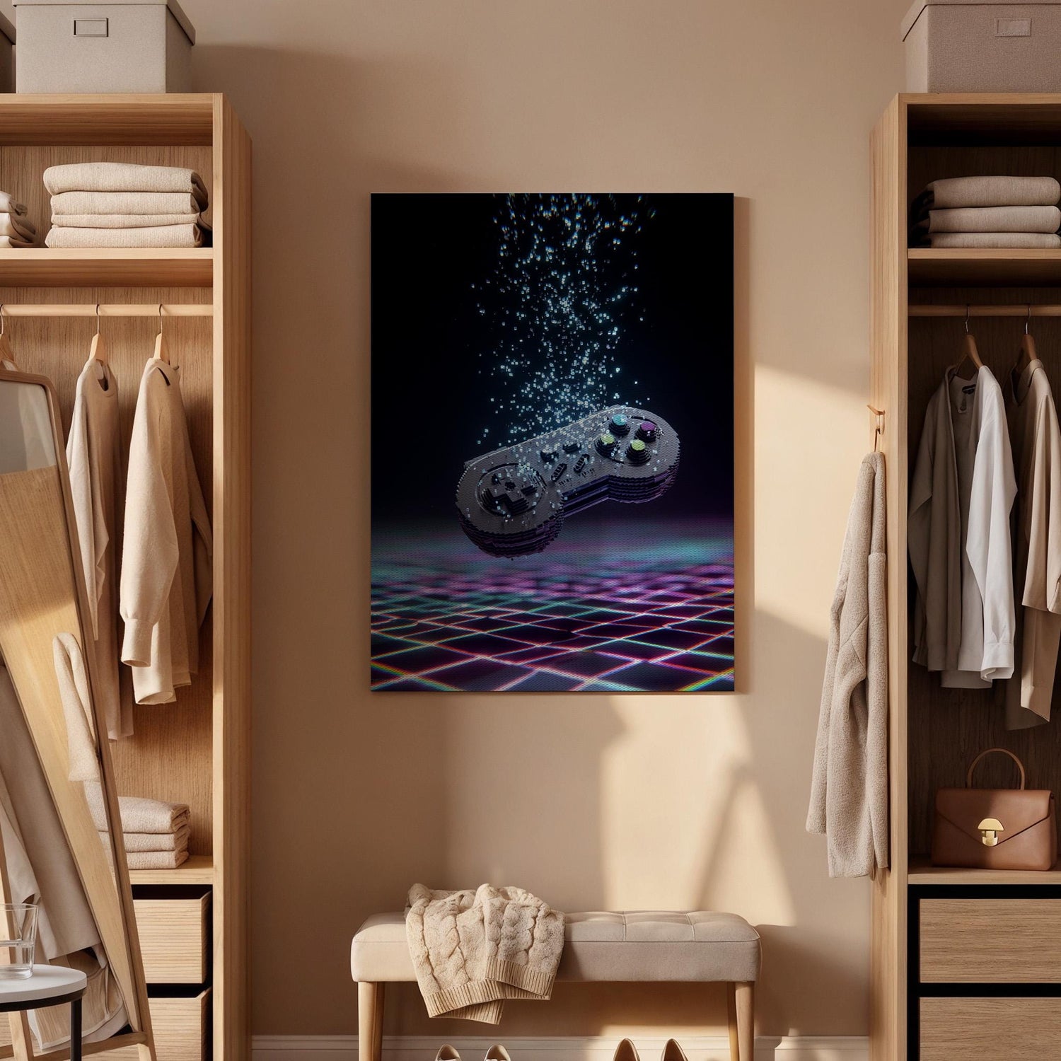 Framed Retro Game Controller Canvas Art, Neon Gaming Illustration, Futuristic Pixel Style Wall Decor for Gamer Rooms, Canvas Wall Decor