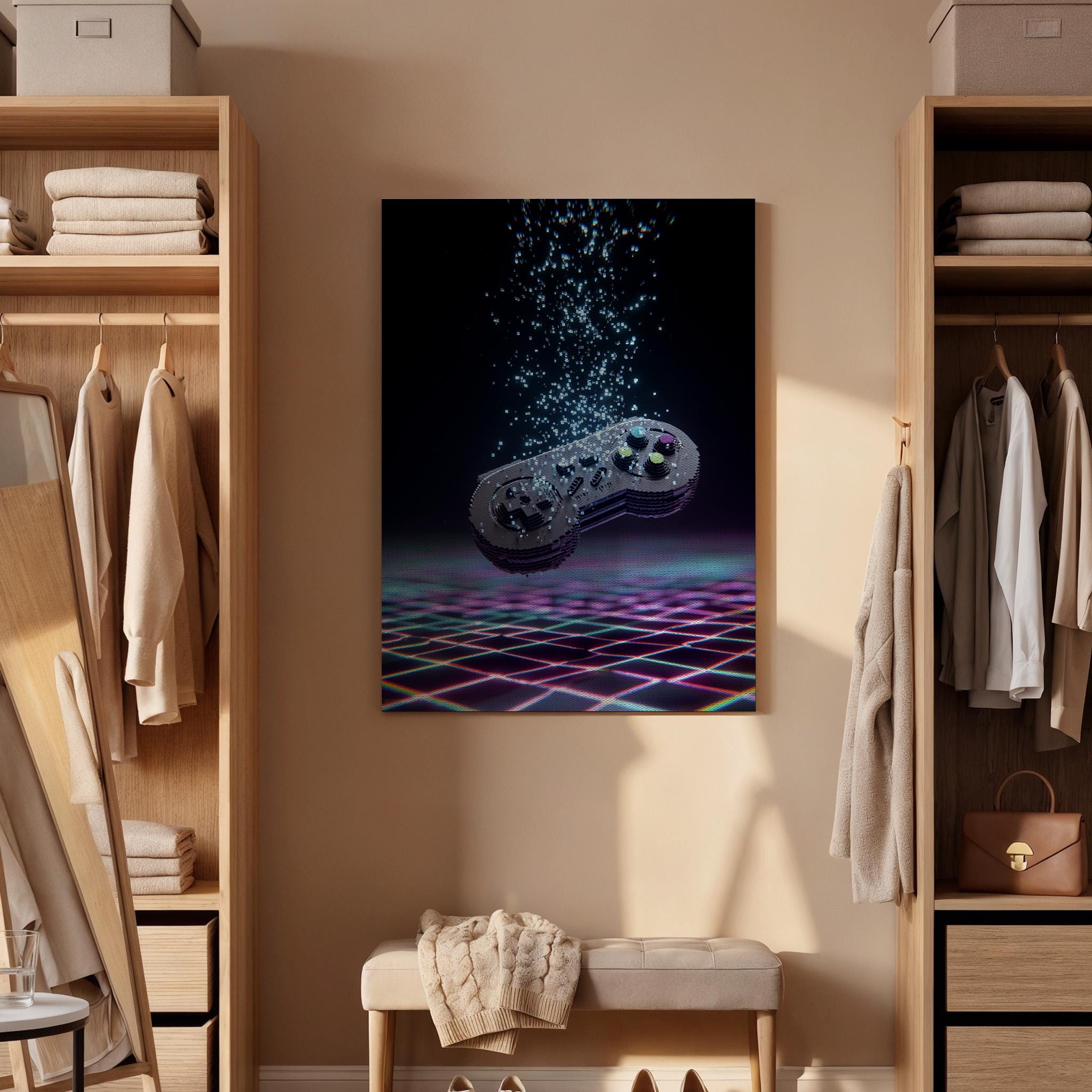 Framed Retro Game Controller Canvas Art, Neon Gaming Illustration, Futuristic Pixel Style Wall Decor for Gamer Rooms, Canvas Wall Decor