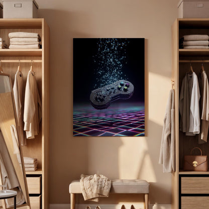 Framed Retro Game Controller Canvas Art, Neon Gaming Illustration, Futuristic Pixel Style Wall Decor for Gamer Rooms, Canvas Wall Decor