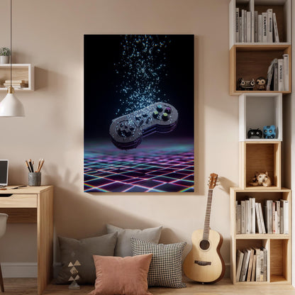 Framed Retro Game Controller Canvas Art, Neon Gaming Illustration, Futuristic Pixel Style Wall Decor for Gamer Rooms, Canvas Wall Decor
