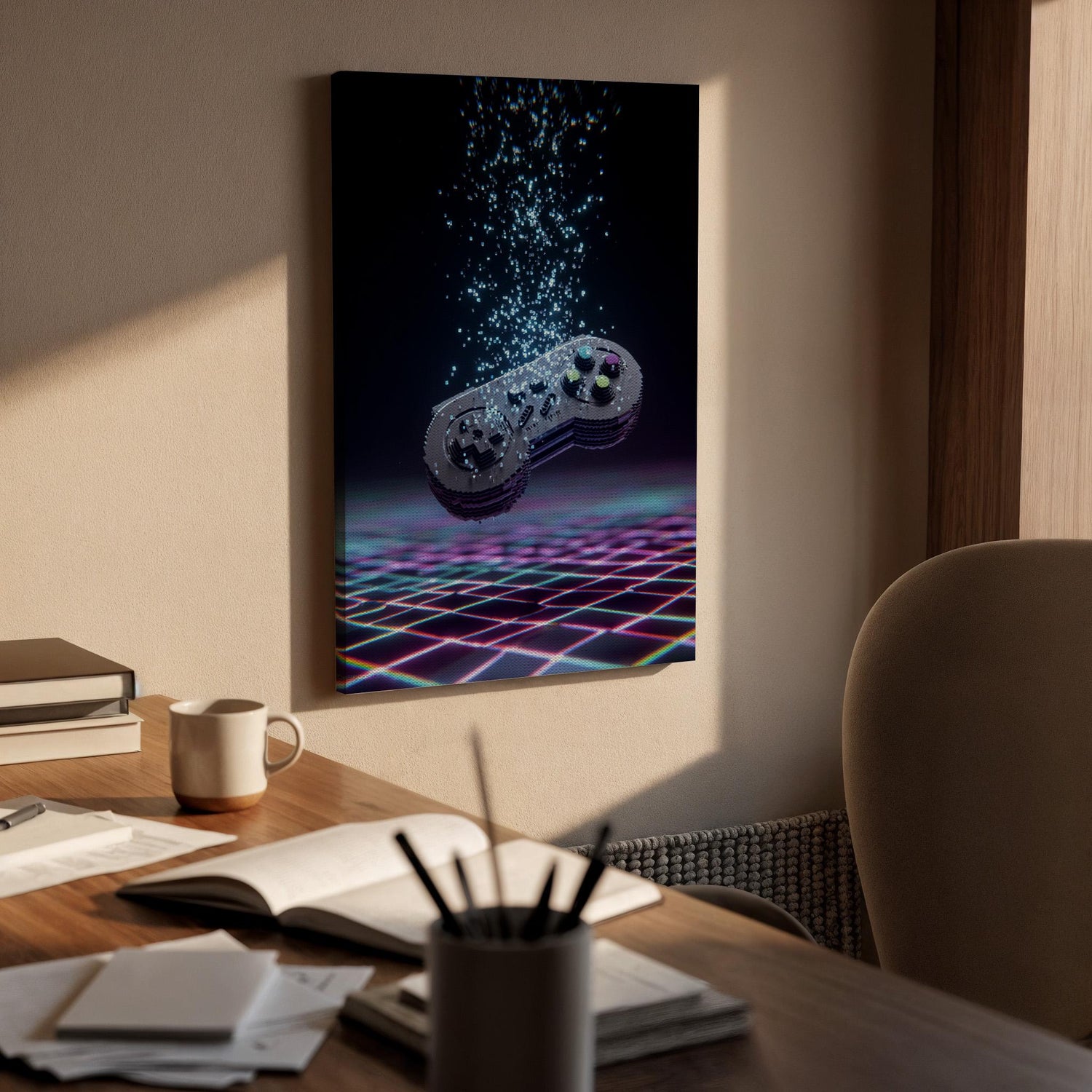 Framed Retro Game Controller Canvas Art, Neon Gaming Illustration, Futuristic Pixel Style Wall Decor for Gamer Rooms, Canvas Wall Decor