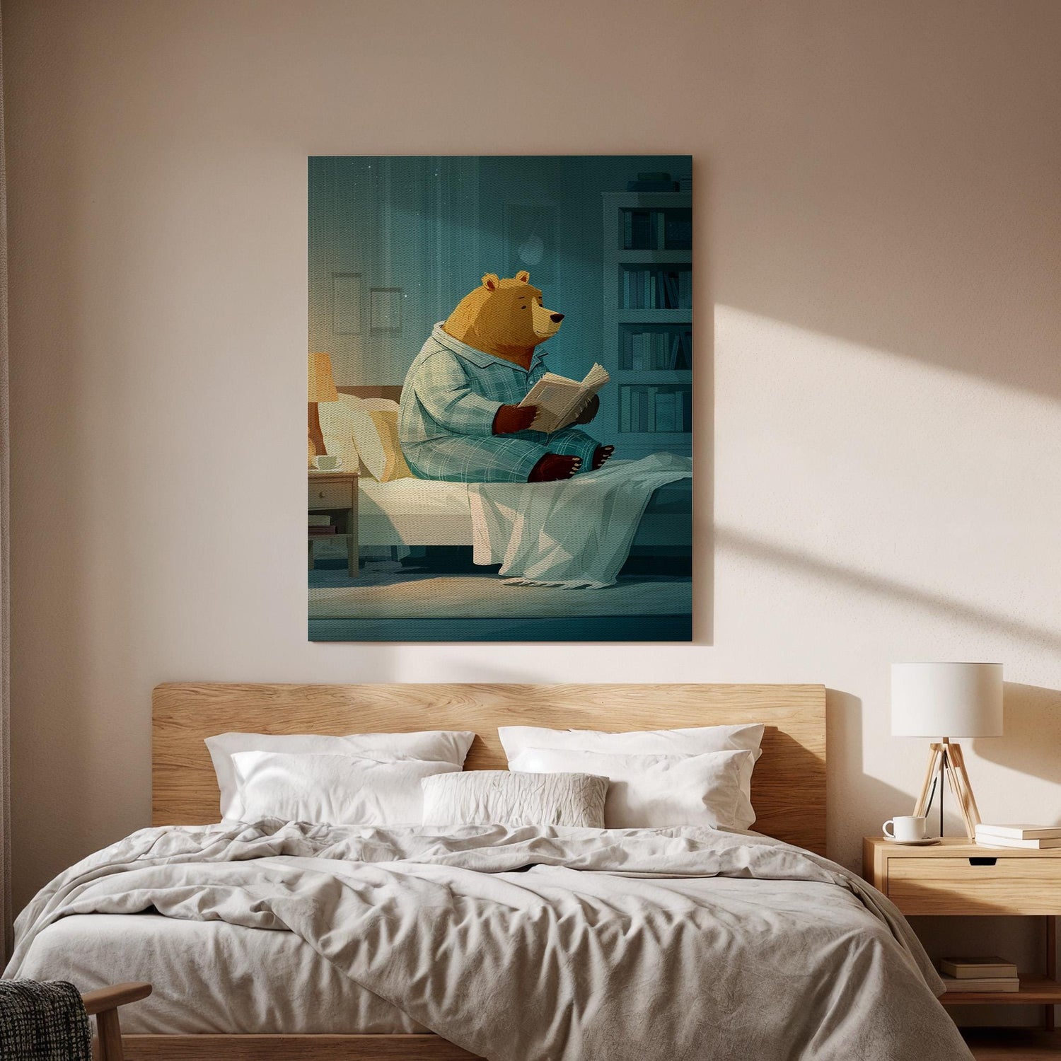 Framed Cozy Bear Reading Canvas Art, Whimsical Animal Illustration, Cute Nighttime Story Wall Decor for Bedroom and Nursery, New Home Decor