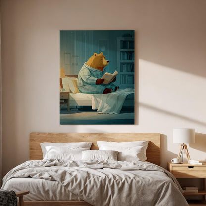Framed Cozy Bear Reading Canvas Art, Whimsical Animal Illustration, Cute Nighttime Story Wall Decor for Bedroom and Nursery, New Home Decor