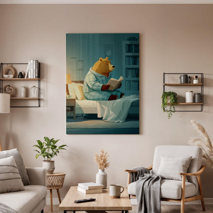 Framed Cozy Bear Reading Canvas Art, Whimsical Animal Illustration, Cute Nighttime Story Wall Decor for Bedroom and Nursery, New Home Decor