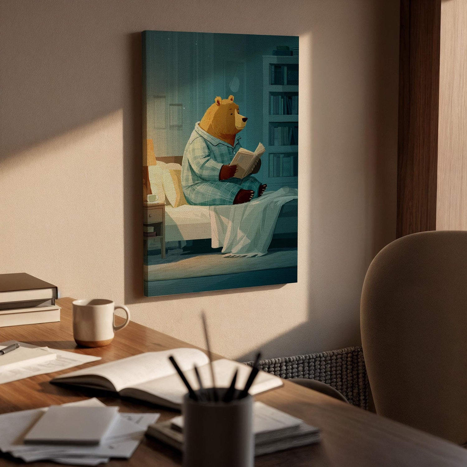 Framed Cozy Bear Reading Canvas Art, Whimsical Animal Illustration, Cute Nighttime Story Wall Decor for Bedroom and Nursery, New Home Decor