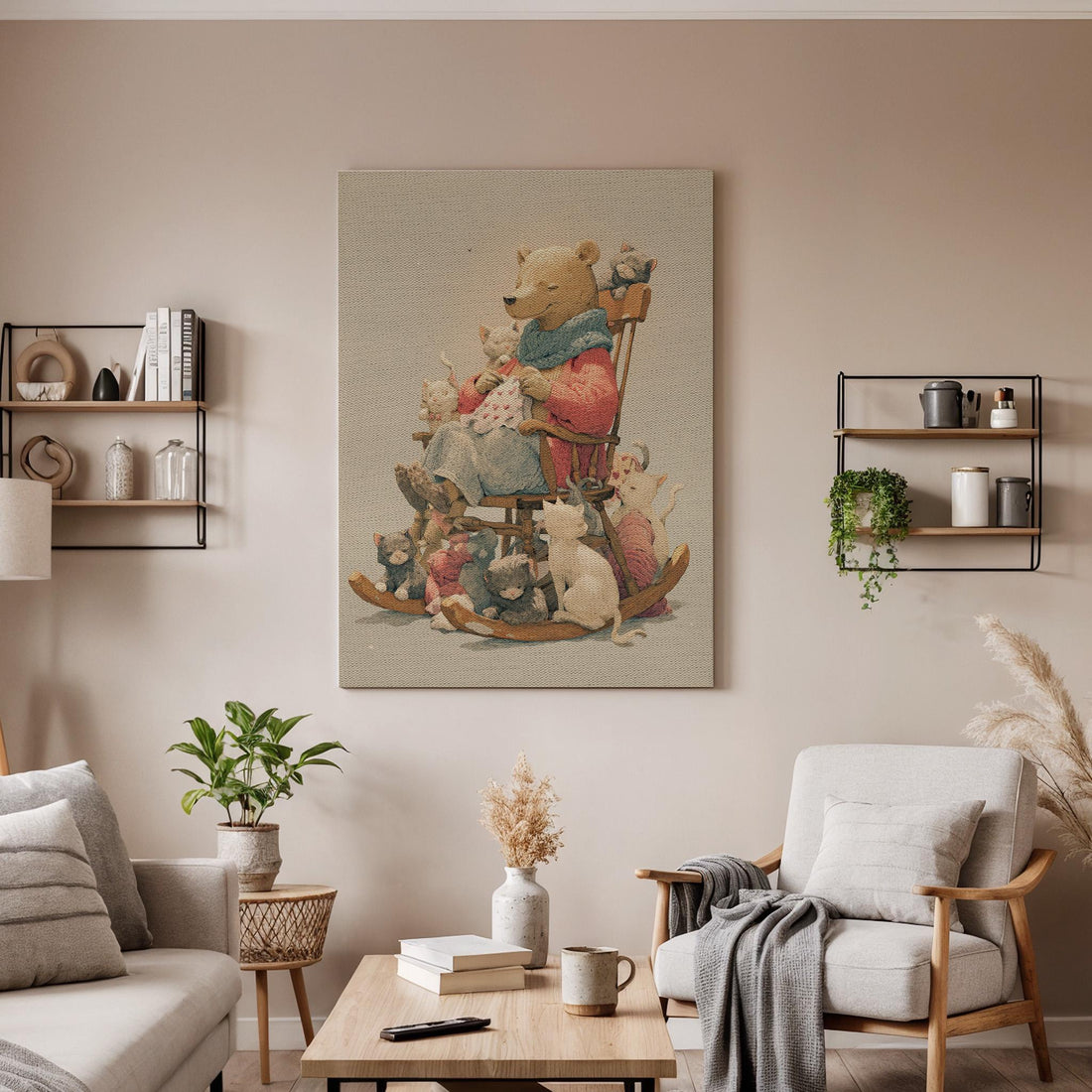 Storytime Bear Canvas Art with Framed Finish, Whimsical Animal Illustration with Cats, Cozy Nursery and Kids Room Wall Decor, Canvas Art
