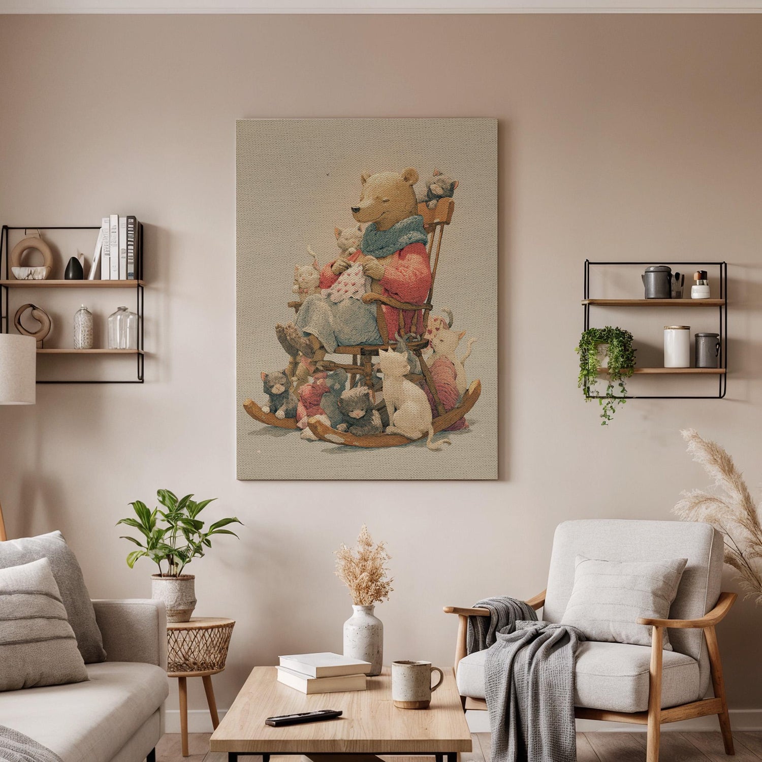 Storytime Bear Canvas Art with Framed Finish, Whimsical Animal Illustration with Cats, Cozy Nursery and Kids Room Wall Decor, Canvas Art