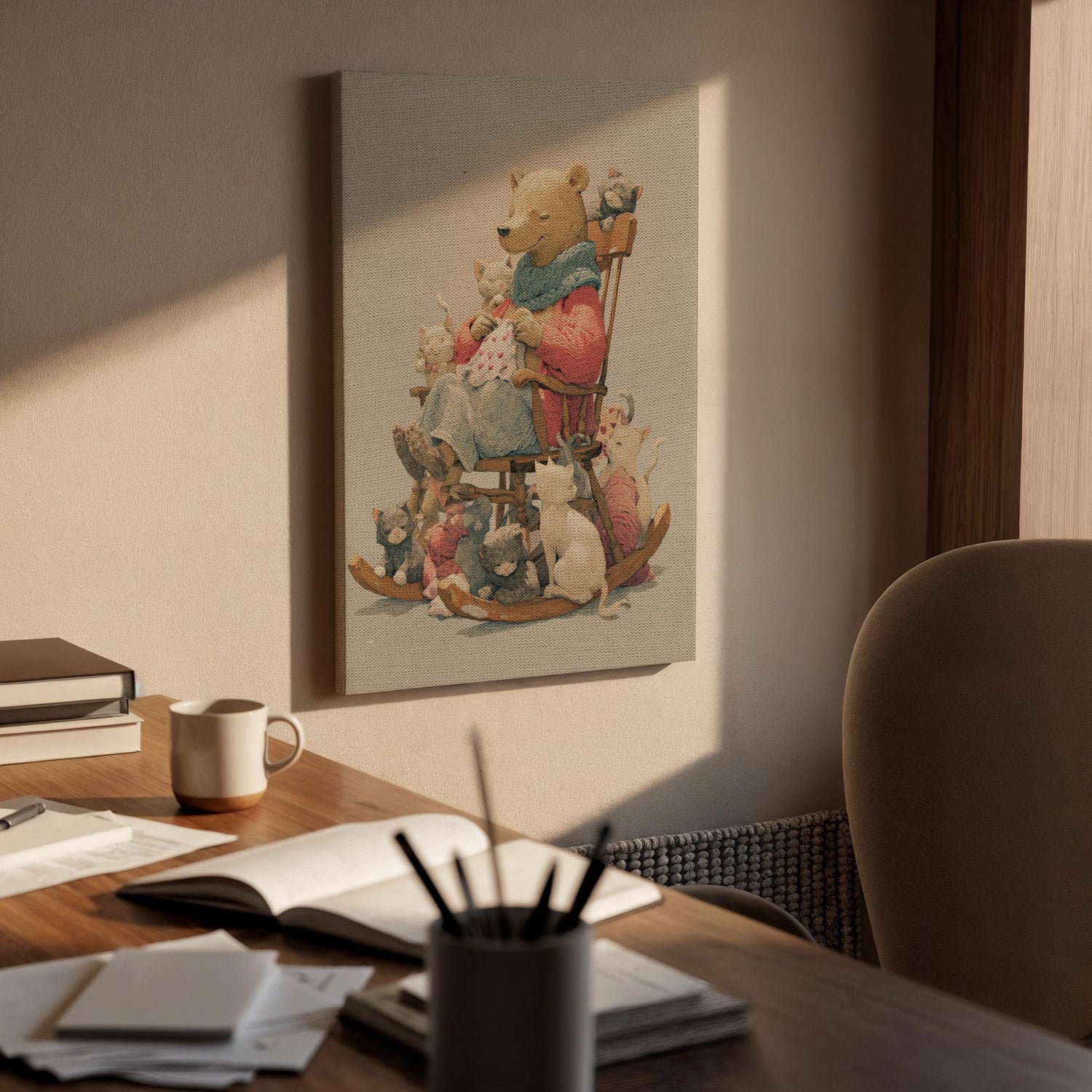 Storytime Bear Canvas Art with Framed Finish, Whimsical Animal Illustration with Cats, Cozy Nursery and Kids Room Wall Decor, Canvas Art